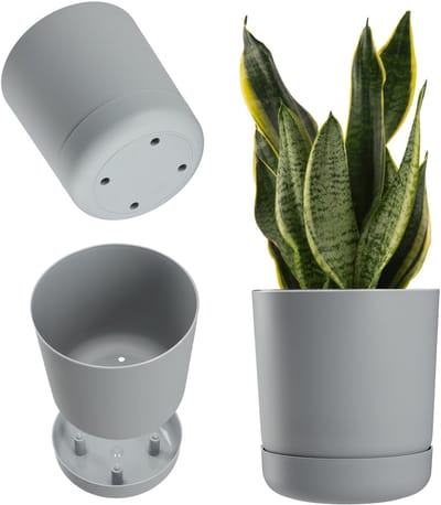 KADAX Bloempot met onderzetter, kunststof plantenpot, minimalistische plantenbak, decoratieve pot voor bloemen, cactussen en kruiden (13 cm, grijs)