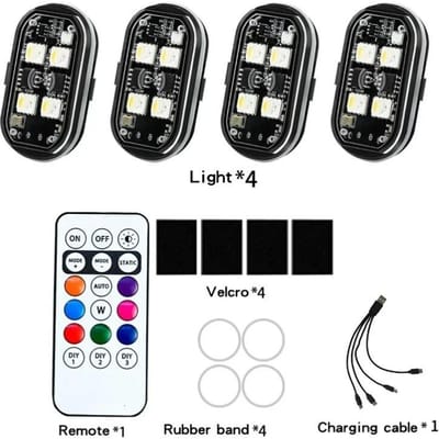 Lumière stroboscopique LED, lampe d'avertissement Anti-collision, indicateur Flash pour voiture, moto, vélo, Drone, Scooter, feu arrière, télécommande sans fil 2.4G 4Pcs