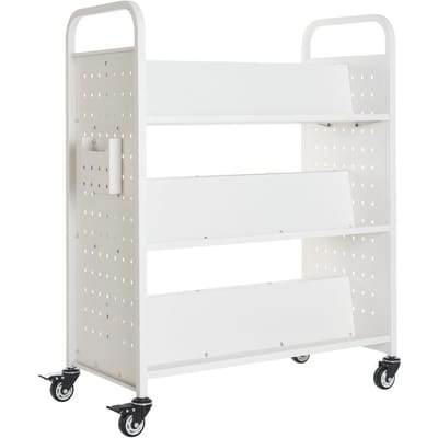 Chariot à livres roulant à 3 niveaux, étagères double face en forme de W, chariot à livres blanc