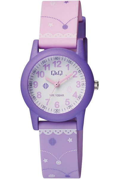 Q&Q VR99J006Y - Horloge - Sport - Analoog - Kinderen - Unisex - Plastic band - Rond - Kunststof - Cijfers - Sterretjes - Roze - Paars - Wit - 10 ATM