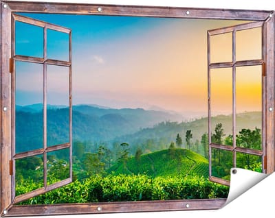 Gards Tuinposter Doorkijk Zonsondergang op een Thee Plantage - 120x80 cm - Tuindoek - Tuindecoratie - Wanddecoratie buiten - Tuinschilderij