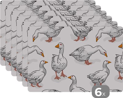 Placemat - Placemats kunststof - Patroon - Vogel - Gans - 45x30 cm - 6 stuks - Hittebestendig - Anti-Slip - Onderlegger - Afneembaar