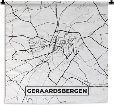 Wandkleed - Wanddoek - Zwart Wit – België – Plattegrond – Stadskaart – Kaart – Geraardsbergen - 180x180 cm - Wandtapijt