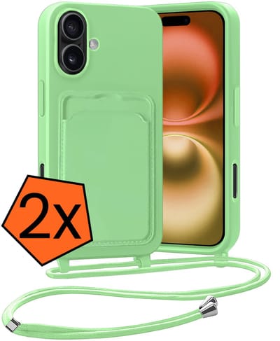 Hoesje Geschikt voor iPhone 16 Plus Hoesje Met Telefoonketting Pasjeshouder Case Koord - Hoesje Geschikt voor iPhone 16 Plus Hoes Met Kaarthouder - Groen - 2 PACK