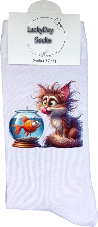 Kat - Opkikker - Grappige sokken - Valentijns cadeau - Verjaardag cadeau - Grappig - Leuke sokken - Vrolijke sokken - Vissenkom - Kerst Sokken - Vaderdag - Moederdag - Kerstcadeau - Socks die Happy maken - 37-44