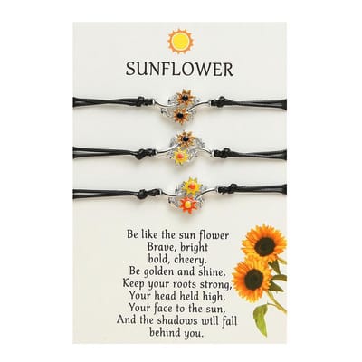 Vriendschapsarmbandjes voor 3 met Bloemen - Zilverkleurig & Zwarte Bandjes - BFF Armband op Cadeau kaartje - Pax Amare