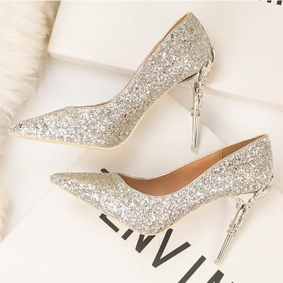 Europese Mode Sexy Feest Pumps Bling Bling Ondiep Instapper Dunne Hoge Hakken Puntige Neus Metalen Decoratie Damesschoenen Schoenen 36 zilver