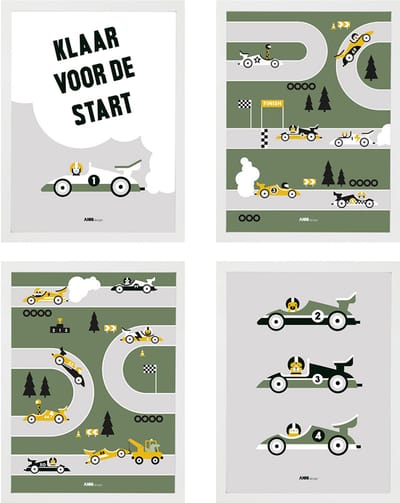 Poster set Raceauto groen grijs 4x maat A4 – raceauto – formule 1 - kinderkamer - jongenskamer - muurdecoratie - kinderkamerstyling – kinderkameraccessoire