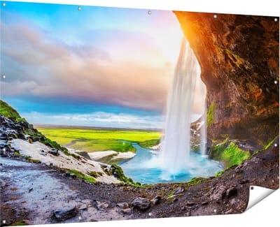 Gards Tuinposter Waterval van een Klif bij Zonsondergang - 180x120 cm - Tuindoek - Tuindecoratie - Wanddecoratie buiten - Tuinschilderij
