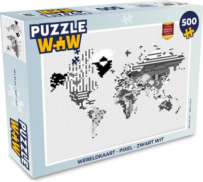 Puzzel Wereldkaart - Pixel - Zwart Wit - Legpuzzel - Puzzel 500 stukjes