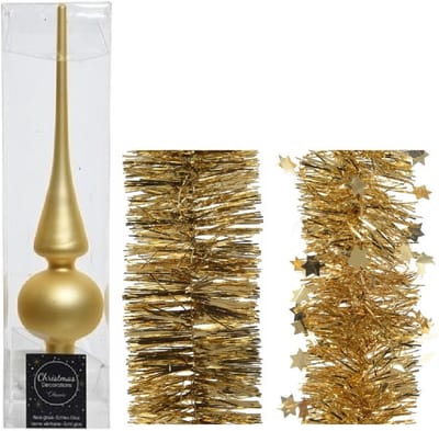 Kerstversiering glazen piek mat 26 cm en folieslingers pakket goud van 3x stuks - Kerstboomversiering