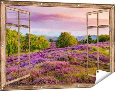Gards Tuinposter Doorkijk Paarse Weide - 120x80 cm - Tuindoek - Tuindecoratie - Wanddecoratie buiten - Tuinschilderij