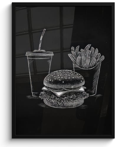 Poster in lijst - Fotolijst 60x80 cm - Posters - Hamburger - Friet - Frisdrank - Krijttekening - Posterlijst zwart - Decoratie - Wanddecoratie woonkamer - Muurdecoratie slaapkamer