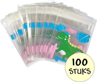 100x Cellofaan Dinosaurus Zakjes 7x7 cm - 100 Stuks Uitdeelzakjes - Cellofaan Plastic Traktatie Kado Zakjes - Snoepzakjes - Dinosaurus - 7x7 cm