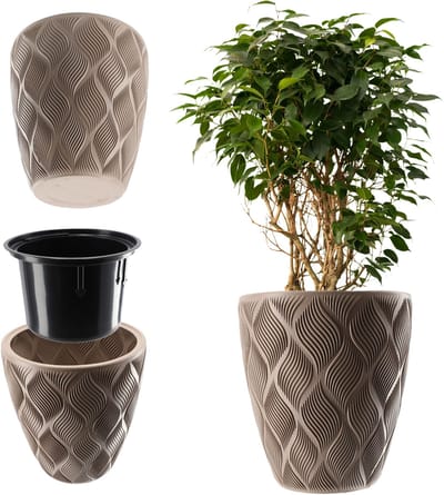 KADAX Bloempot met inzetstuk en handgrepen, plantenbak van kunststof in 5 maten, uv-bestendig, weerbestendig, hoog, met 3D-effect, laag, beige