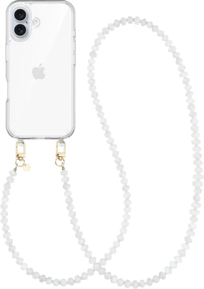 xoxo Wildhearts siliconen hoesje geschikt voor iPhone 17 - Dusty White - Lang koord - Telefoonhoesje - Hoesje met koord - Kralenketting - Wit telefoonkoord - Transparant hoesje