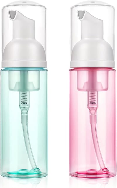60 ml/2 oz schuimpompflesdispenser, 2 stuks doorzichtige plastic navulbare pompcontainers voor handzeep, gezichtswassen, wimpershampoo, huidverzorging (groen + roze)