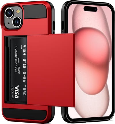 Hoesje Geschikt voor iPhone 15 Plus Hoesje Rood - shockproof Backcover met pasjeshouder - Ruimte voor 2 pasjes