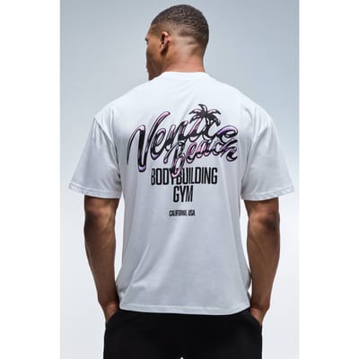 Active Venice Beach Bodybuilding Gym Oversized T-shirt Met Verlengde Hals | White | Size Large