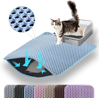 Famanu – Kattenbakmat - 116 x 66 cm grote kattenbakmat - dubbellaags ontwerp van de honingraat-mat - waterdicht en duurzaam - onderlegger voor kattentoilet - blauw
