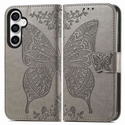 YPCd Bookcase geschikt voor Samsung Galaxy S23 FE - Vlinder Design - Portemonnee / Wallet Hoesje - Grijs