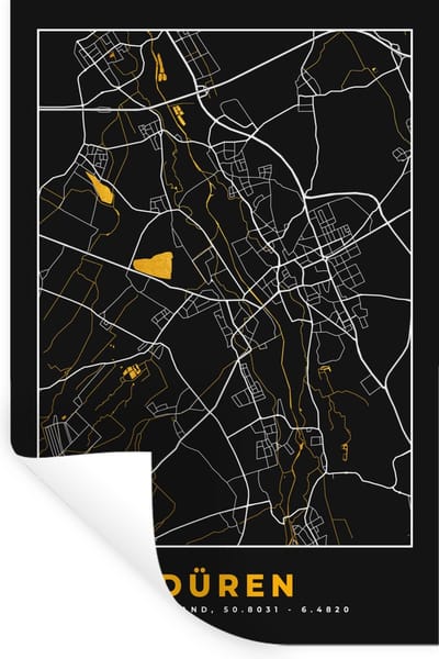 Muurstickers - Sticker Folie - Black and Gold – Stadskaart – Düren – Duitsland – Plattegrond – Kaart - 20x30 cm - Plakfolie - Muurstickers Kinderkamer - Zelfklevend Behang - Zelfklevend behangpapier - Stickerfolie