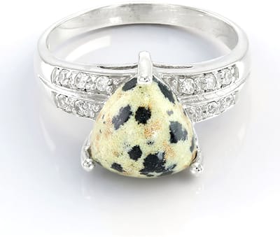 Cavill - Zilveren ring 925 Sterling - 3,38 ct Dalmatiër Jaspis triljant cabochon - 10x pavé zirkonen - Elegante hondenmotief ring