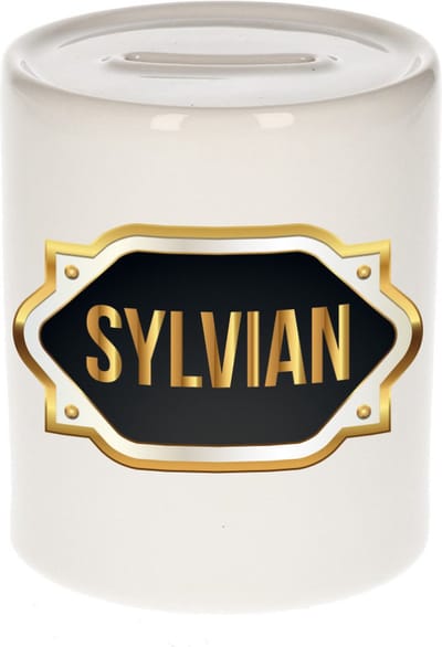 Spaarpot met voornaam Sylvian - wit - met goud/zwart embleem - 8 x 9 cm - keramiek - met afsluitdop - cadeau verjaardag