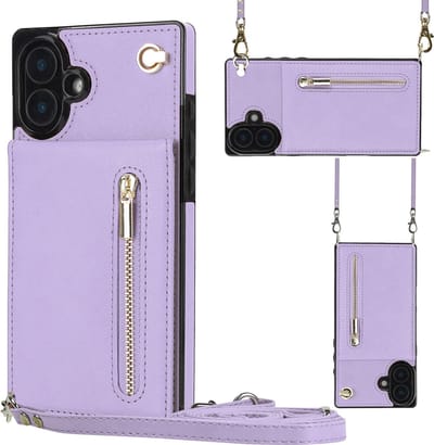 Multimedia & Accessoires Stijlvolle Leren Fashion Backcover Case Hoesje met Koord, Stand Ritsvak en Pasjeshouders geschikt voor Apple iPhone 16 - Paars