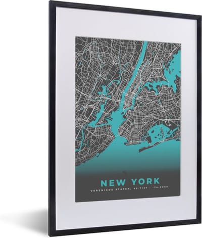 Fotolijst incl. Poster - New York - Stadskaart - Blauw - Plattegrond - Kaart - 30x40 cm - Posterlijst
