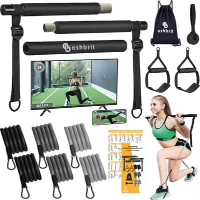 Ashbrit® Pilates Bar Weerstandsbanden Set – Pilates Stick – In hoogte verstelbaar - Weerstandsbanden - Resistance Band Set – Fitness Elastiek – Sport Elastiek Banden - Exclusieve Luxe Uitvoering in Grijs Gradient - Draagtas