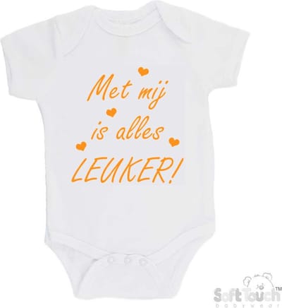 100% katoenen Romper "Met mij is alles LEUKER!" Unisex Katoen Wit/mosterd Maat 56/62