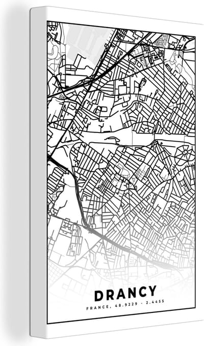 Canvas Schilderij Kaart - Plattegrond - Drancy - Frankrijk - Stadskaart - Zwart wit - 20x30 cm - Wanddecoratie
