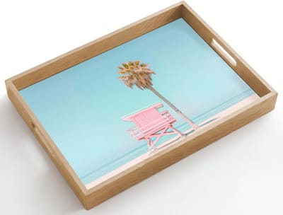 Dienblad hout 50x35 cm - Schootdienblad - Palmboom - Strandhuis - Roze - Borrelplank rechthoek - Plateau dienbladen