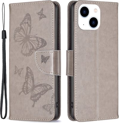 Coverup Hoesje - Geschikt voor iPhone 14 Hoesje - Coverup Vlinders Book Case - Taupe Grijs