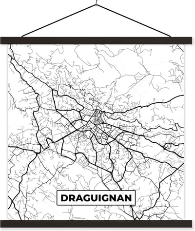 Posterhanger incl. Poster 60x60 cm - Schoolplaat - Stadskaart - Plattegrond - Kaart - Frankrijk - Draguignan - Zwart wit - Textielposter - Zwarte latten - Stadskaart
