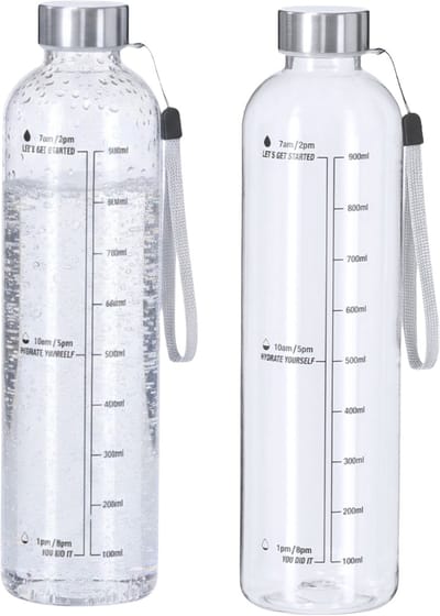 Makito Waterfles/drinkfles - 2x - motivatiefles - transparant - met RVS dop - 1000 ml - D7 cm - Met capaciteitsindicator
