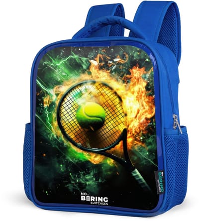 NoBoringSuitcases.com® - Rugzak blauw - Schooltas jongens - Tennisbal in vlammen bij krachtige smash - Kinder rugtas jongen - Boekentas kind - Kinderrugzak voor school - Schoolrugzak