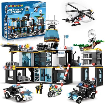 HOGOKIDS City Politiebureau Bouwpakket Sspeelgoed - 1261 Delen - Helikopter Motorfiets 2 Auto's Bouwstenen - STEM Educatief Speelgoedkist - Bouwset voor Kinderen Vanaf 8 Jaar