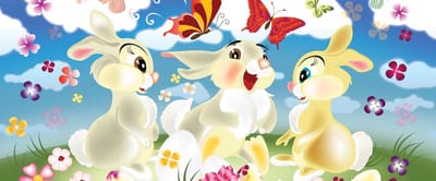 Fotobehang Rabbit Bunny Butterflies Flowers | PANORAMIC - 250cm x 104cm | 130g/m2 Vlies