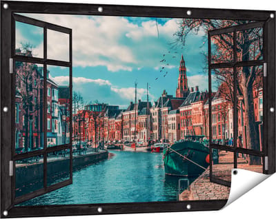 Gards Tuinposter Doorkijk Gracht in Groningen - 120x80 cm - Tuindoek - Tuindecoratie - Wanddecoratie buiten - Tuinschilderij