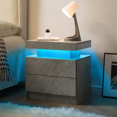 Wishdor Nachtkastje met RGB LED Verlichting 49x35x52 cm - 2 Lades & Open Vak - Betonlook Donkergrijs