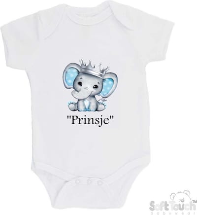 100% katoenen Romper Olifant met Kroontje Prinsje Katoen Wit Print Zwart Maat 56/62