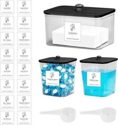 Opslag voor Wasmiddel Pods, 3 Stuks Dispenser met Waterdichte Labels en Lepels voor Wasmiddel, Badbommen en Wasparfum in Plastic