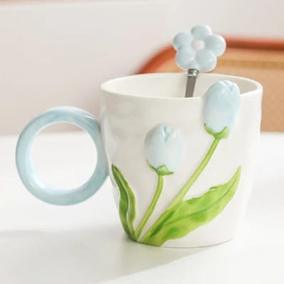 500ml 3D Tulp Patroon Keramische Mok met Lepel Handgesneden Comfortabel handvat Koffiekop Ontbijt Melk havermout kop Meisjes Cadeau 401-500ml