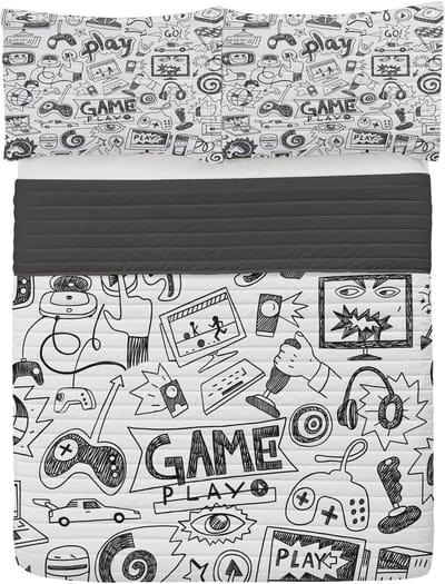ABAKUHAUS Videospellen Microfiber Bedspreiset, Sketch Style Gaming, Zacht beddengoed met kussenslopen en quilt, 264 cm x 220 cm, Zwart Wit