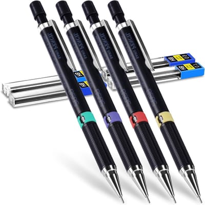 Set van 4 Mechanische Potloden 0.3 mm, 0.5 mm, 0.7 mm, 0.9 mm met 4 HB Navullingen voor School, Technisch Tekenen en Creatief Schrijven