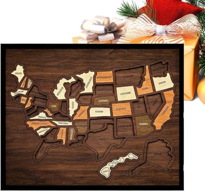 Houten kaartpuzzel - Wanddecoratie puzzel - Reizen bijhouden - Met 50 delen - 30 cm - Houtkleur