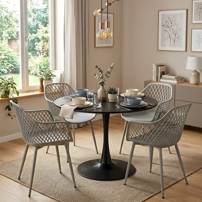 EGGREE eettafel en stoelen set - tafel met een diameter van 100 cm en 4 grijze stoelen - geschikt voor bar - kookeiland - café en eetkamer.