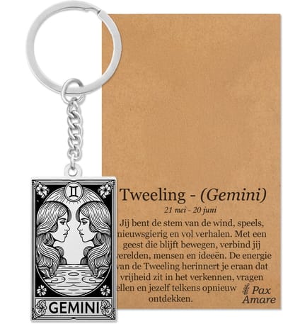 Sterrenbeeld Tweelingen (Gemini) Sleutelhanger Zilverkleurig - Zodiac in de stijl van Rider-Waite Tarot - Roestvrij Staal / Stainless Steel - Pax Amare
